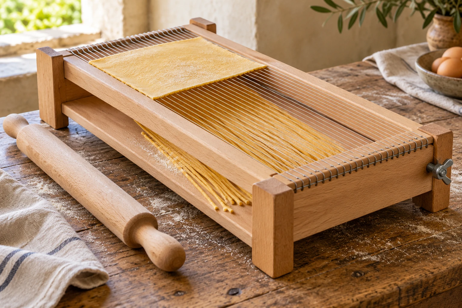 A wooden chitarra pasta cutter with taut steel wires, fresh pasta and a wooden rolling pin on a farmhouse table.