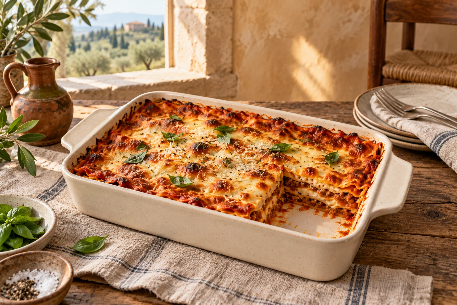 An ivory ceramic lasagna dish with one serving removed, on linen and aged wood beside a Tuscan stone window.