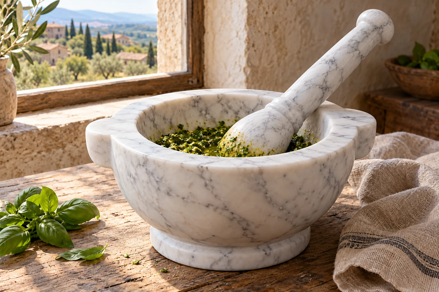A white marble mortar and matching marble pestle beside a sunlit stone window.