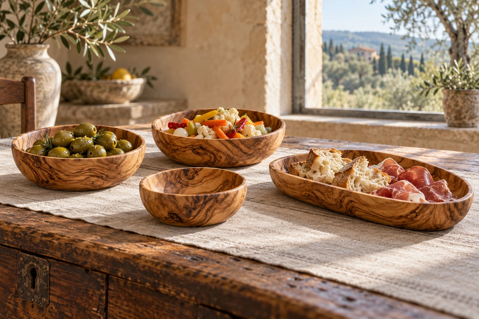 Four olivewood pieces on a linen-covered table: two medium bowls, a small bowl and one long oval dish.