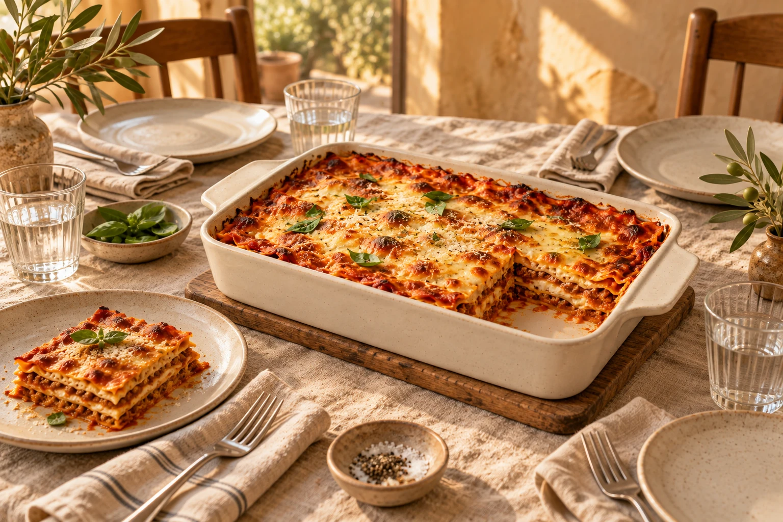 Lasagna dish on a table with a serving on a nearby plate